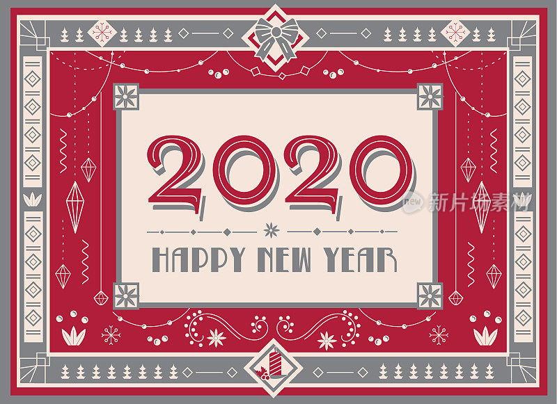 艺术装饰2020快乐新年设计模板与详细的装饰品和珠子