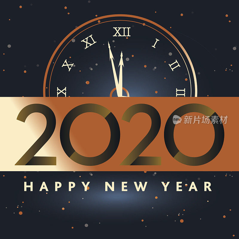 新年快乐2020时钟敲响午夜贺卡横幅设计在金属金色闪烁