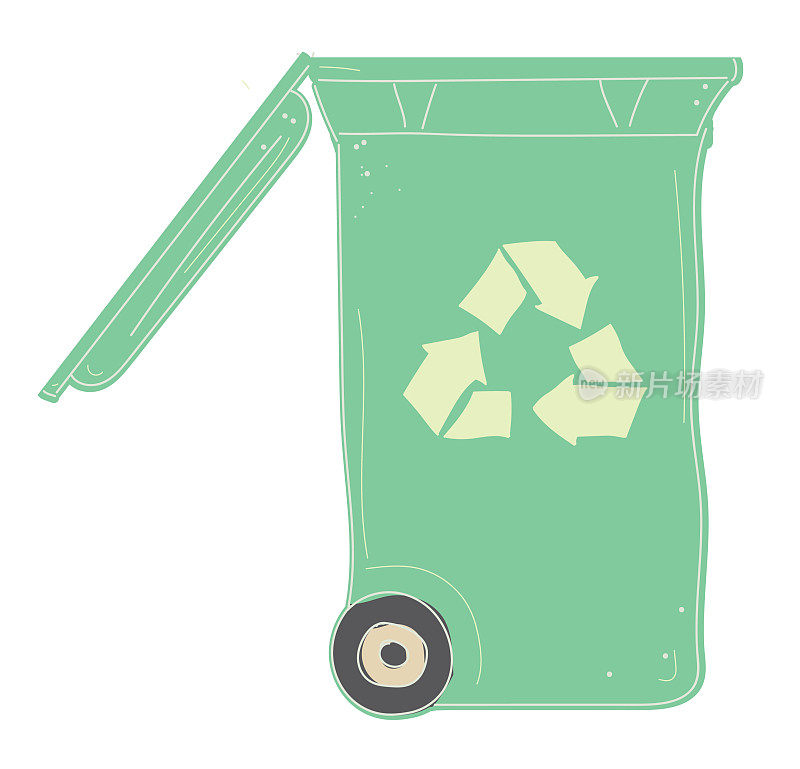 堆肥回收箱与打开的盖子图标上的白色背景