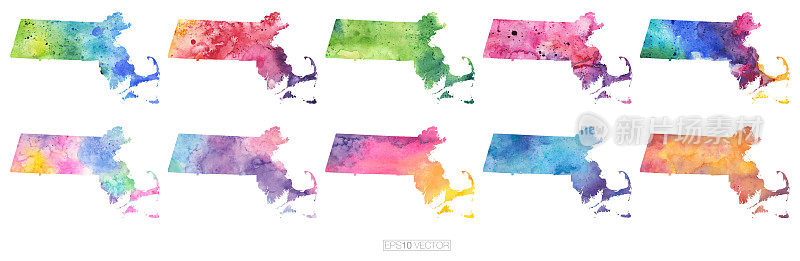 马萨诸塞州水彩矢量地图插图集