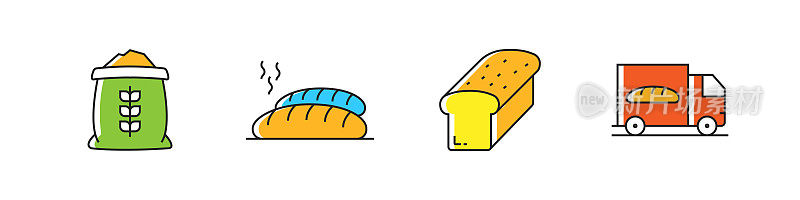面包房和糕点相关的矢量平线图标。大纲符号集合。