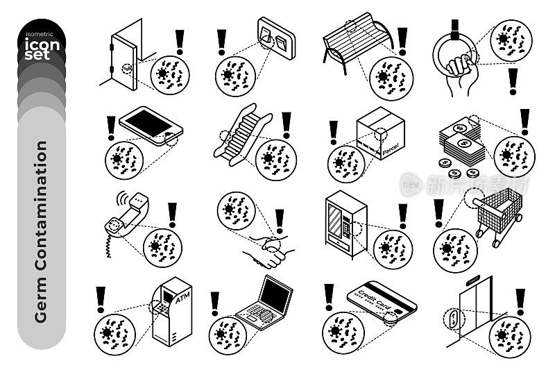 细菌污染轮廓图标设置为白色背景。矢量插图。股票插图