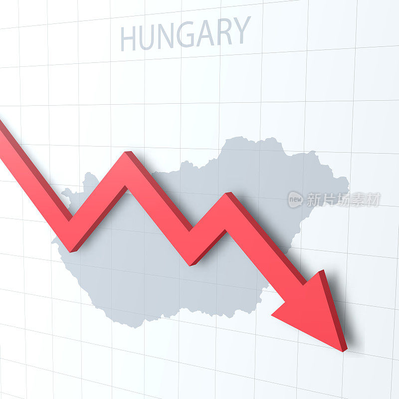 下落红色箭头与匈牙利地图的背景