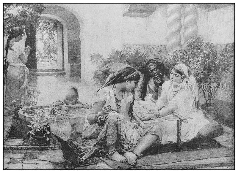 19世纪著名的古董画:阿尔及利亚埃尔比亚的一个村庄里弗朗西斯・亚瑟・布里奇曼