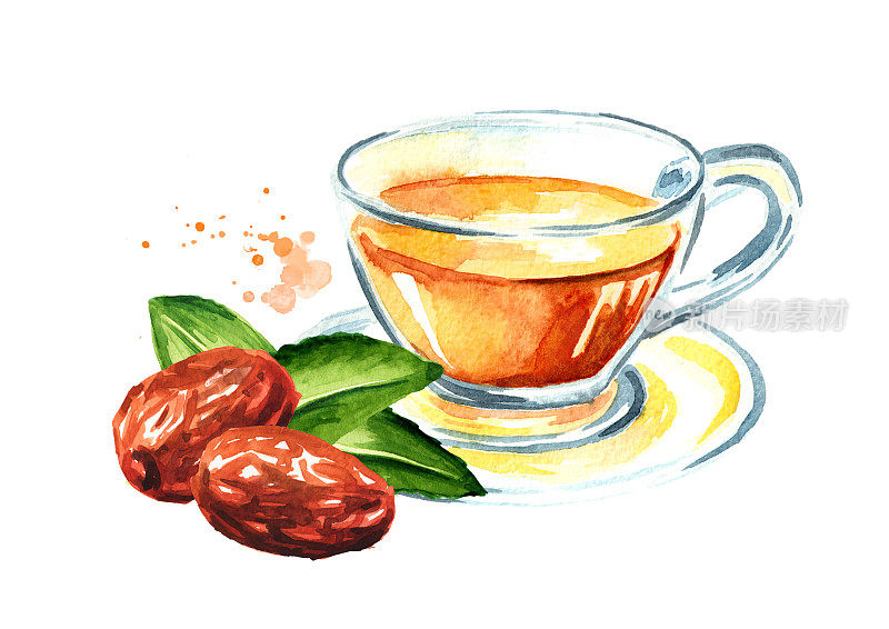 干乌纳比水果，酸枣和一杯凉茶。手绘水彩插图孤立的白色背景