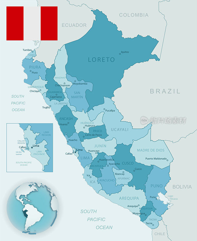 蓝绿色详细地图的秘鲁行政区划与国家国旗和位置在全球。