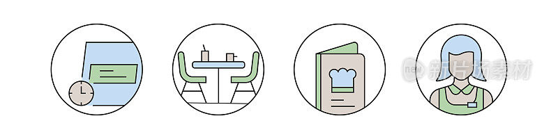 餐厅，食物和饮料相关的向量组线性平面图标和信息图形设计元素