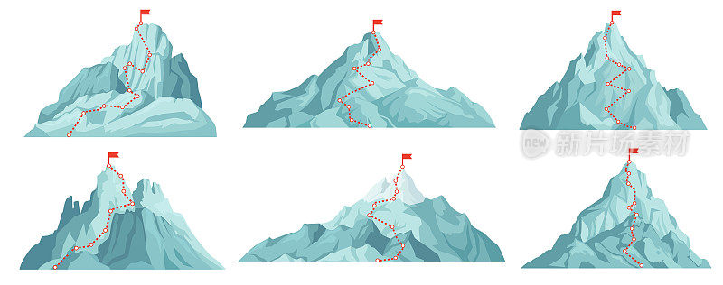 通往山顶的路。爬上山顶有红旗的山峰。进展信息图表，成功业务，视觉卡通矢量概念