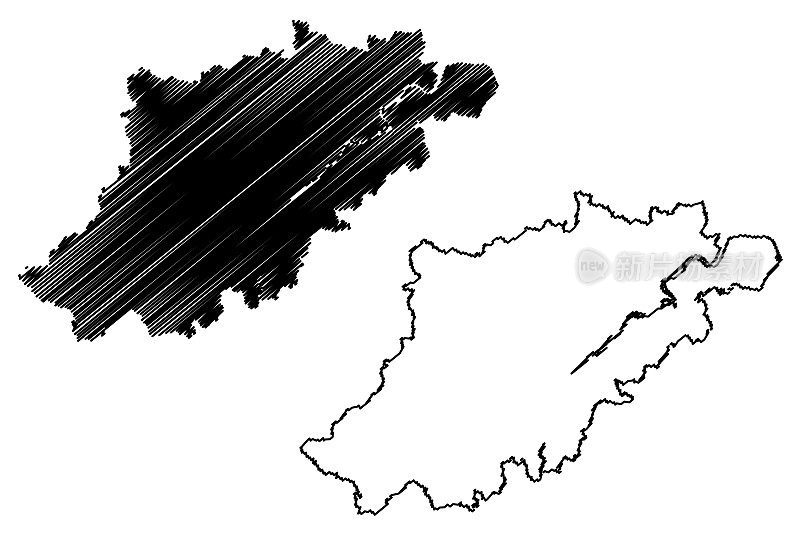 杭州市(中华人民共和国，浙江省)地图矢量插图，手绘杭州市、杭梓、杭州地图