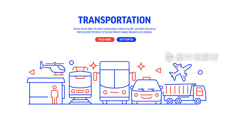 交通相关网站横幅线条风格。现代线性设计矢量插图的网站横幅，网站标题等。
