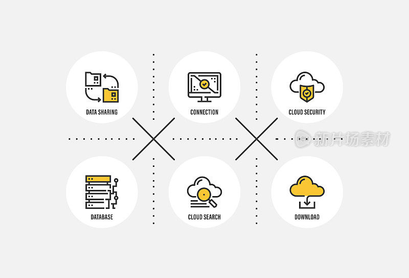 信息图设计模板。数据共享，连接，云安全，数据库，云搜索，下载图标6个选项或步骤。