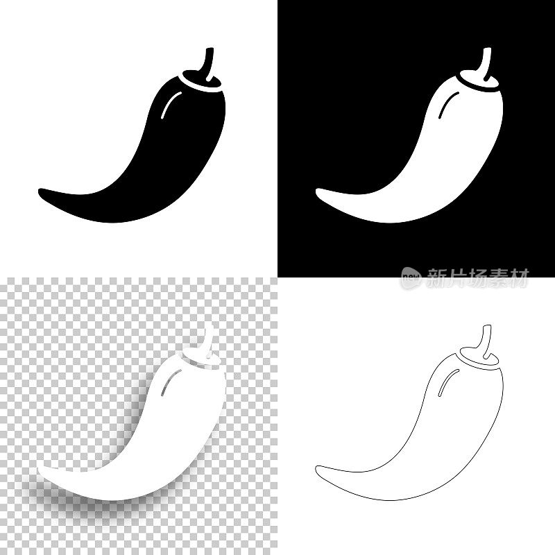 辣椒。图标设计。空白，白色和黑色背景-线图标