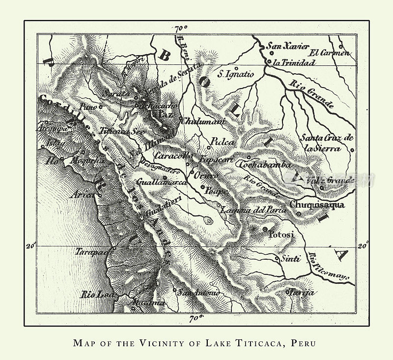 雕刻古董，秘鲁的喀喀湖附近地图，火山和火山构造雕刻古董插图，1851年出版
