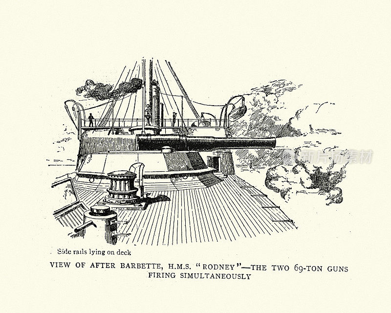 维多利亚皇家海军战舰罗德尼号上的69吨大炮在开火