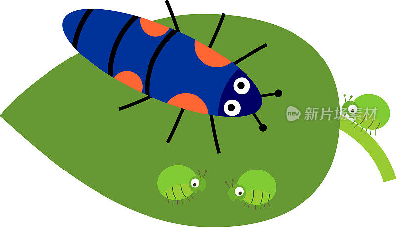 蚜虫的生物防治。风格可爱的卡通瓢虫幼虫在绿叶与蚜虫在平面风格孤立在白色背景