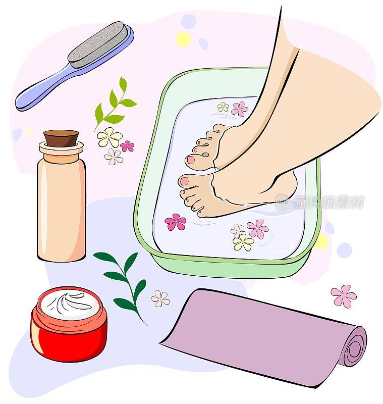 足浴及足部护理用品。浮石，油，奶油，毛巾。温泉足浴。女人的腿。