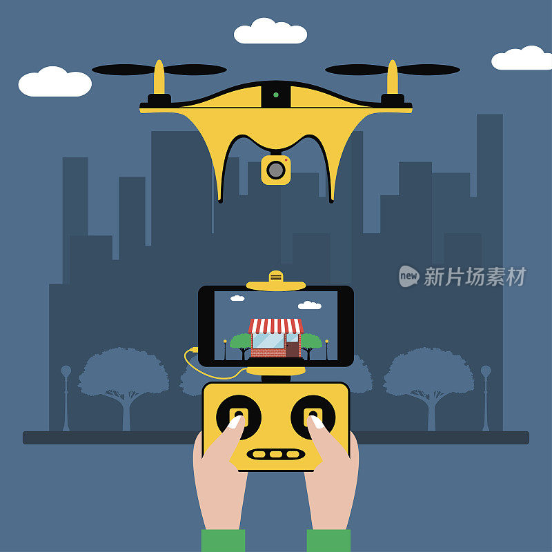 无人机和远程控制。手握无线电控制器，屏幕显示四轴飞行器在城市上空飞行。带摄像机的四旋翼飞机。向量