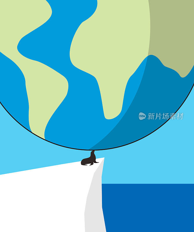 可爱的海豹在冰上玩地球球，矢量插图