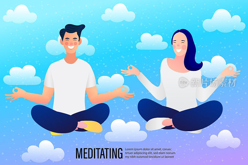 男人和女人进行深度冥想，独自做呼吸瑜伽练习。健康的生活方式，程式化的矢量插图。