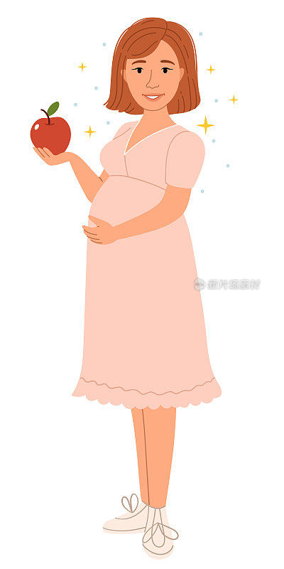 一个孕妇手里拿着一个苹果。孕妇健康的生活方式。
