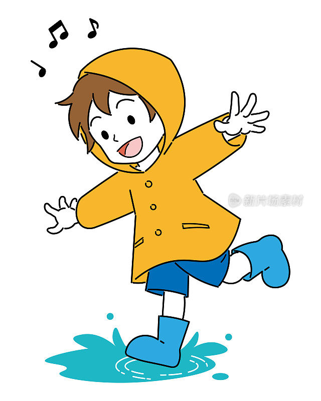 男孩穿着雨衣，在水坑里玩耍。