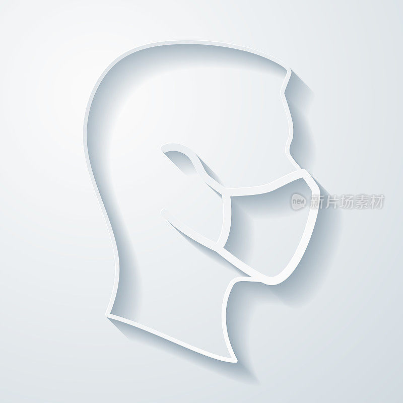 侧脸带医用防护口罩。在空白背景上具有剪纸效果的图标