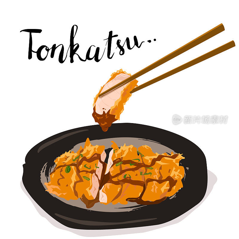Tonkatsu酥脆的油炸。日本食物矢量插图在白色的背景。
