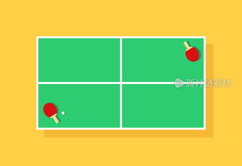 乒乓球。乒乓球桌，上面有球拍和球。游戏和比赛。绿色卡通球场乒乓球冠军。图标的比赛和竞争。向量