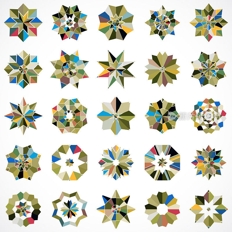 矢量抽象颜色马赛克纹理花卉曼荼罗戒指图标集集合