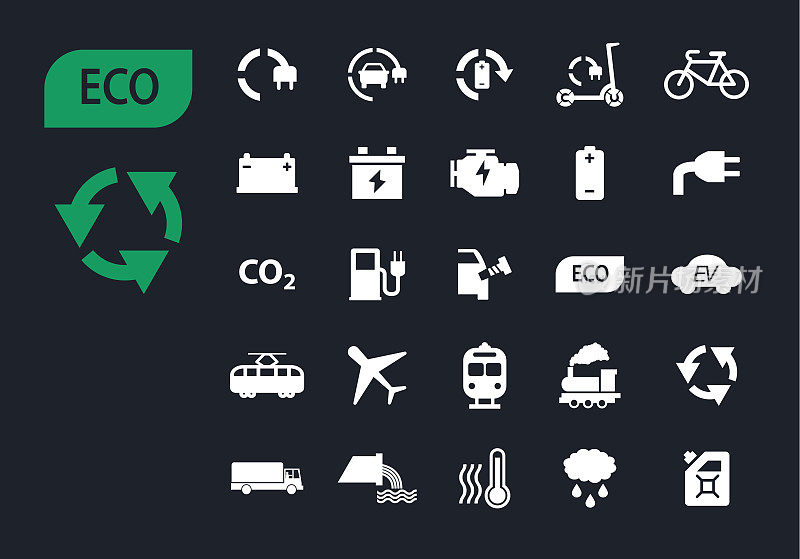 生态图标集绿色电动交通、生态科技、可再生能源、环境污染、生态交通和循环利用等字形符号