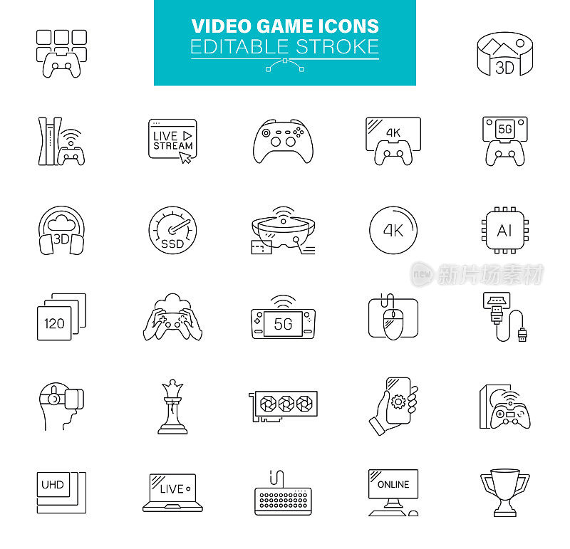 视频游戏图标。该套装包含移动游戏、设备、游戏控制台、虚拟现实等图标
