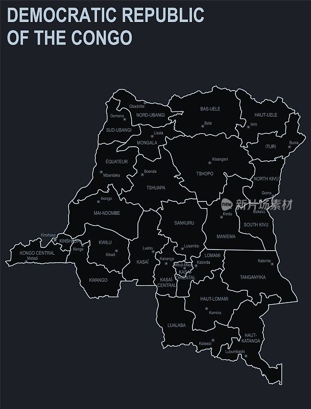 刚果民主共和国的平面地图，以黑色为背景的城市和地区