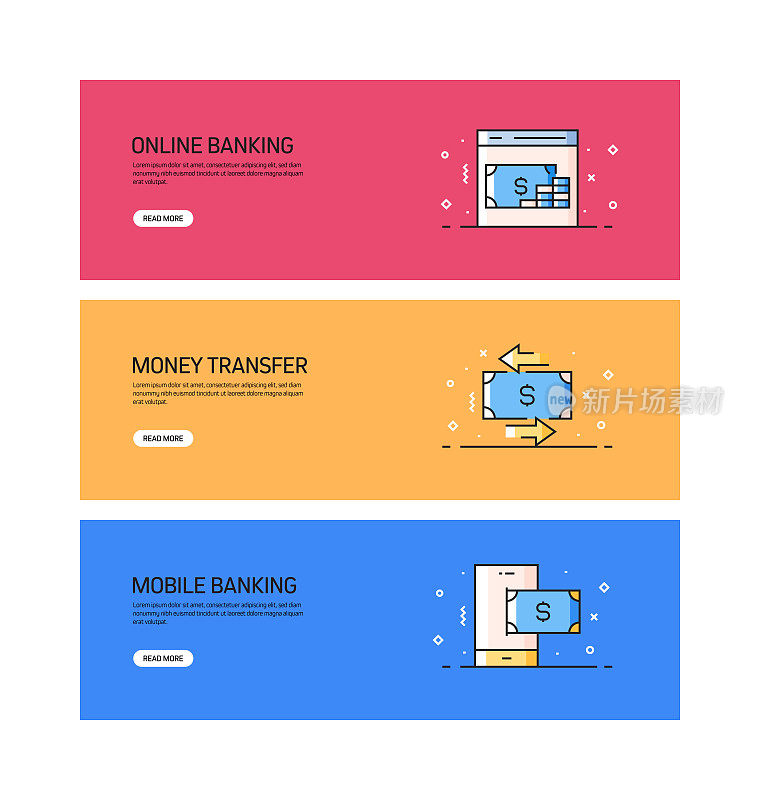 金钱相关的平线横幅设计与图标