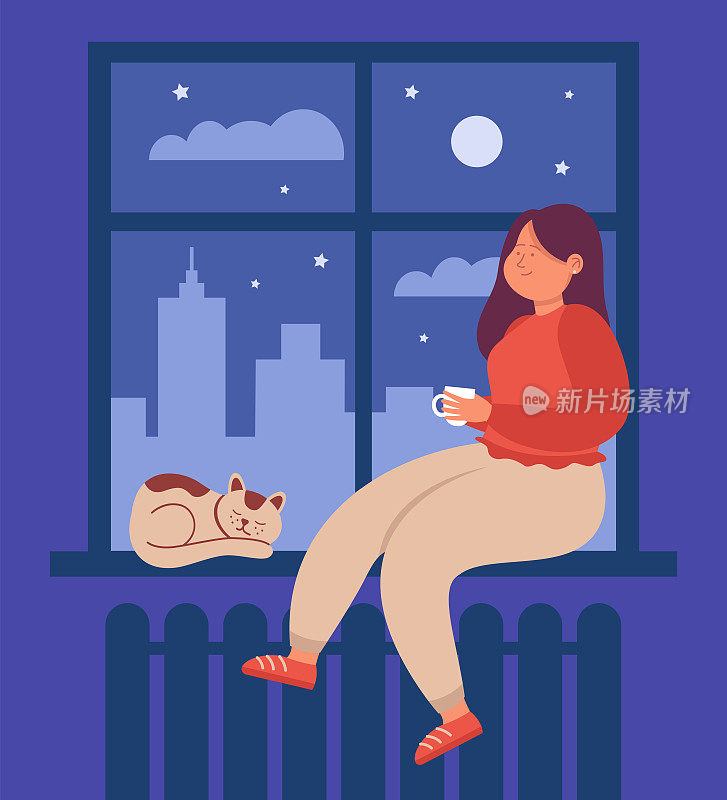 女人坐在窗边，与建筑物一起欣赏城市夜景