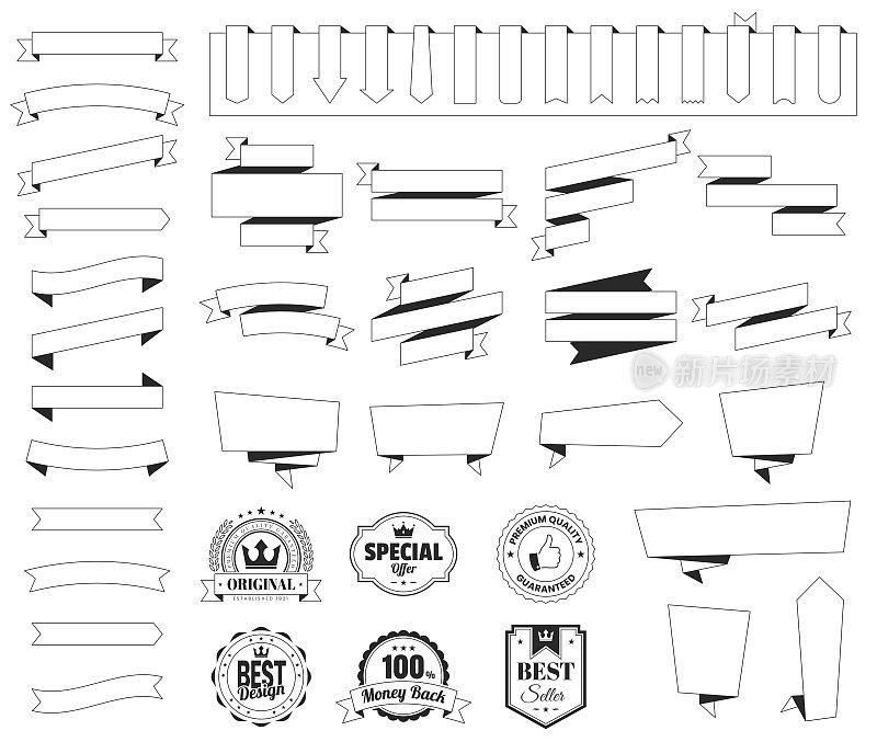 套缎带，横幅，徽章，标签(轮廓，线艺术)-白色背景上的设计元素