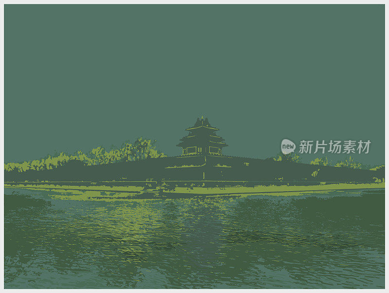 彩色木刻风格的中国乡村景观，紫禁城角楼