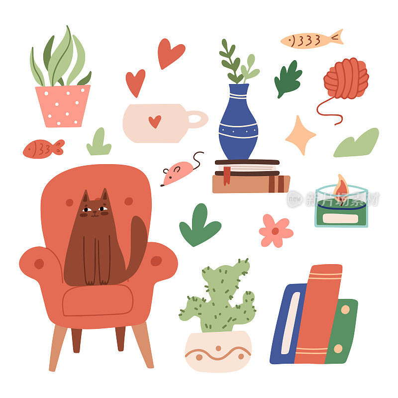 可爱的猫坐在椅子上。斯堪的纳维亚矢量插图书店，图书馆。舒适的家庭内部矢量平面插图。Hygge，植物，舒适的贴纸。有宠物的舒适房间