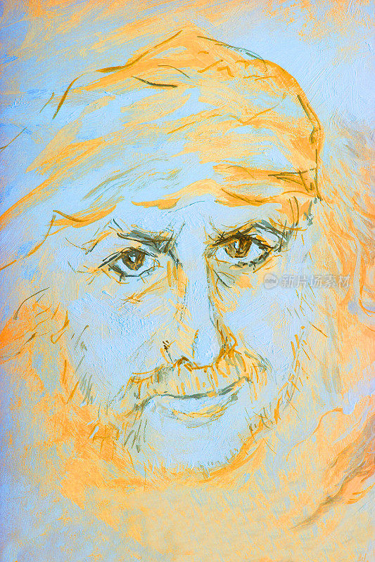 插画油画肖像的男人长头发飘扬在风在新艺术风格在精致的棕褐色色调