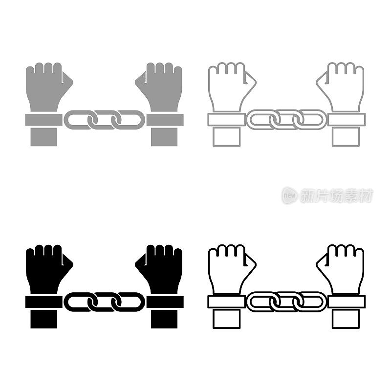 手在手铐犯罪概念逮捕惩罚束缚罪犯集图标灰色黑色矢量插图图像固体填充轮廓轮廓线瘦平的风格
