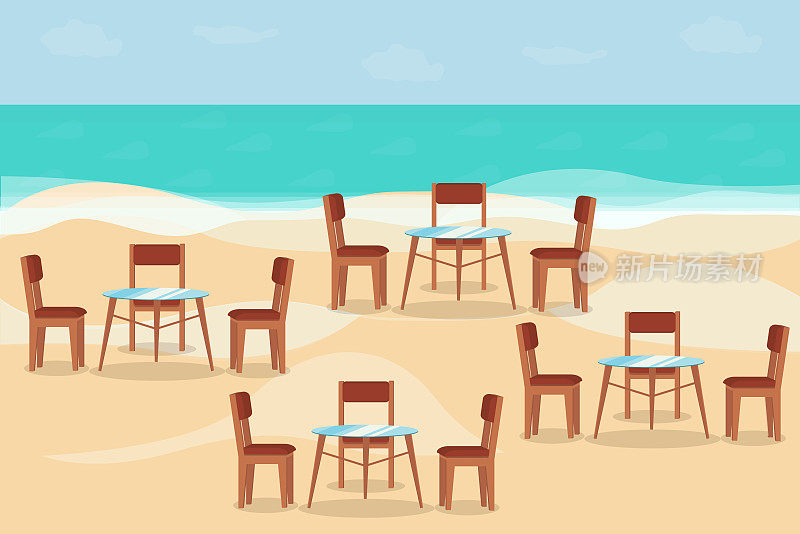 有椅子和桌子的餐厅在海边的沙滩上
