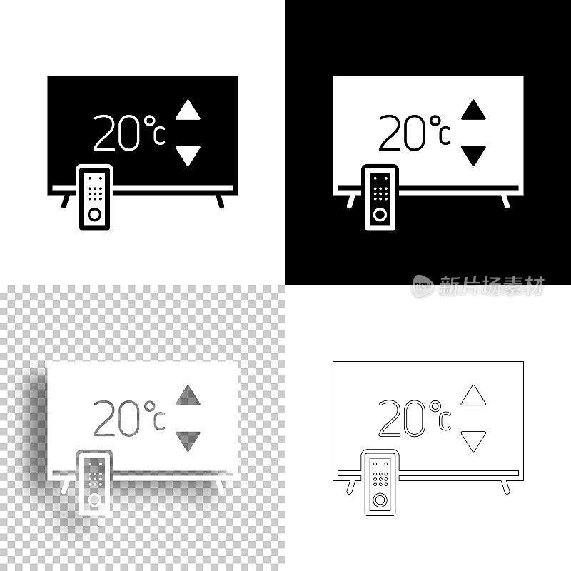 带加热控制的电视。图标设计。空白，白色和黑色背景-线图标