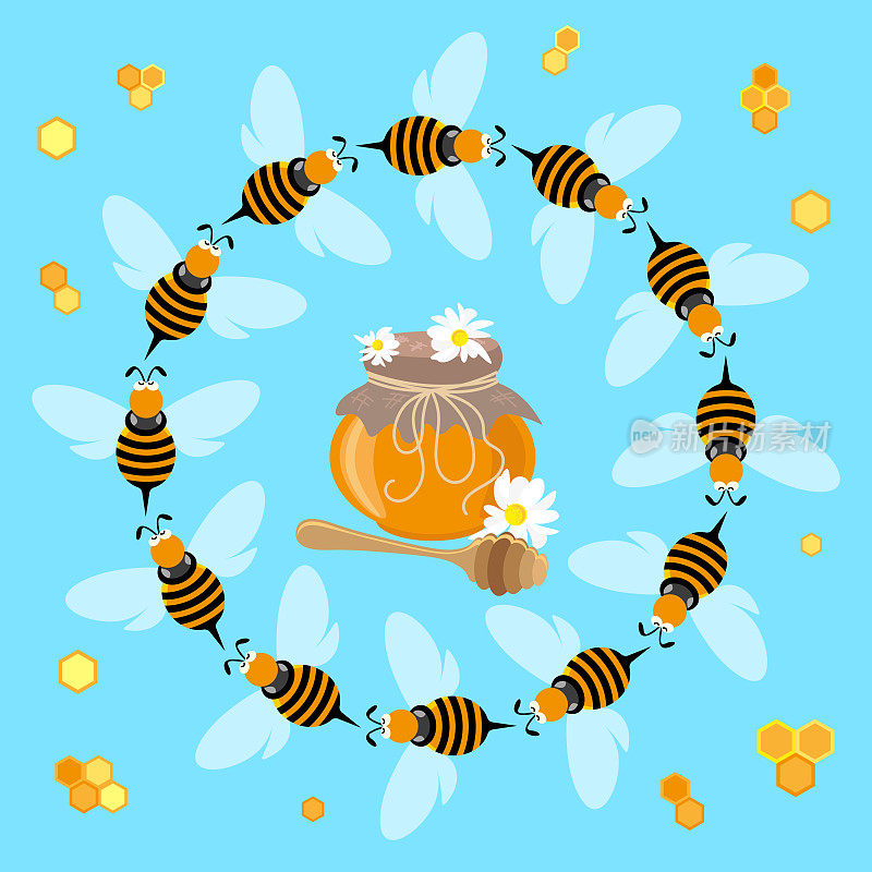 蜜蜂围着一罐蜂蜜翩翩起舞