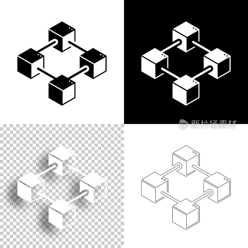 区块链。图标设计。空白，白色和黑色背景-线图标