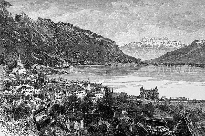 瑞士蒙特勒，以山脉为背景的鸟瞰图