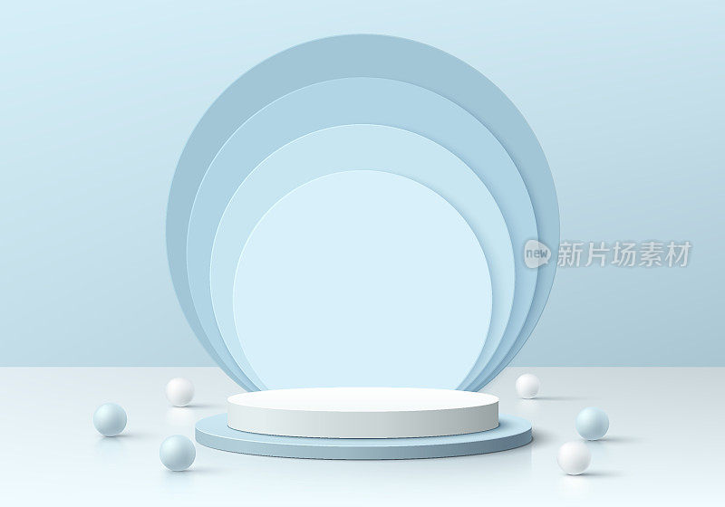 现实的蓝色和白色的3D圆柱体基座平台层圆形背景。抽象的最小场景用于实物模型，舞台用于展示，促销展示。向量的几何形式。