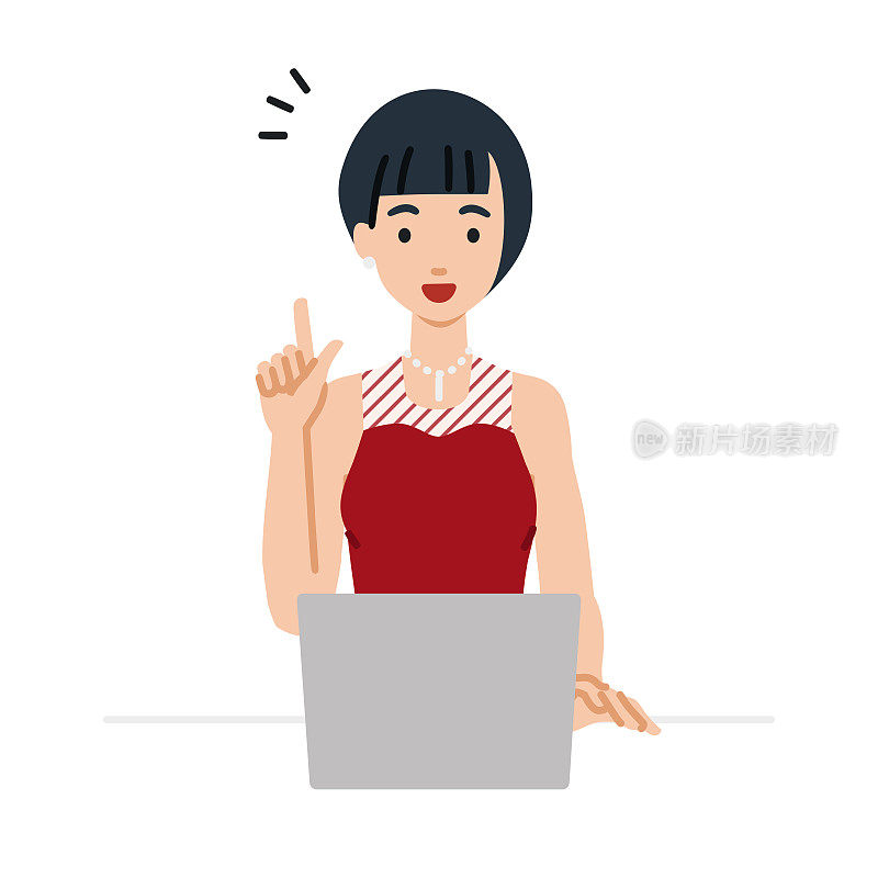 一个穿着裙子的女人用笔记本电脑在她的桌子上用手指来获取灵感