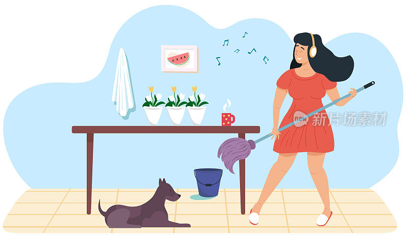 吉他手在家唱歌。狗的主人正在演奏音乐。音乐家想象浴室里有吉他