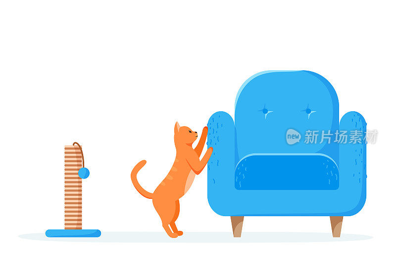 猫抓椅子却不抓柱子。肮脏的小猫用爪子破坏家具。不守规矩的宠物撕扯沙发。平面向量插图。