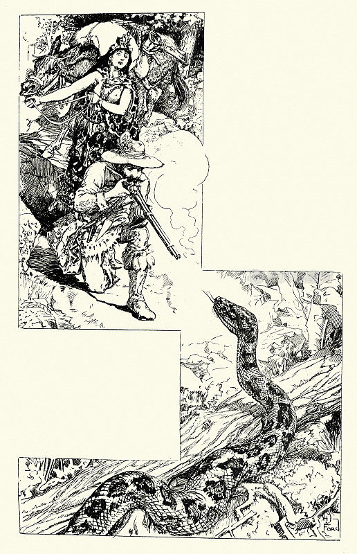 狂野西部猎人探险者射杀一条蛇，维多利亚时代的冒险故事