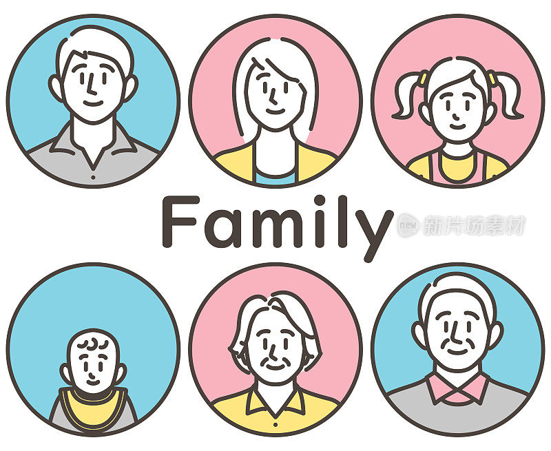 父母、子女、祖父母三代家庭图标套装【矢量插画】